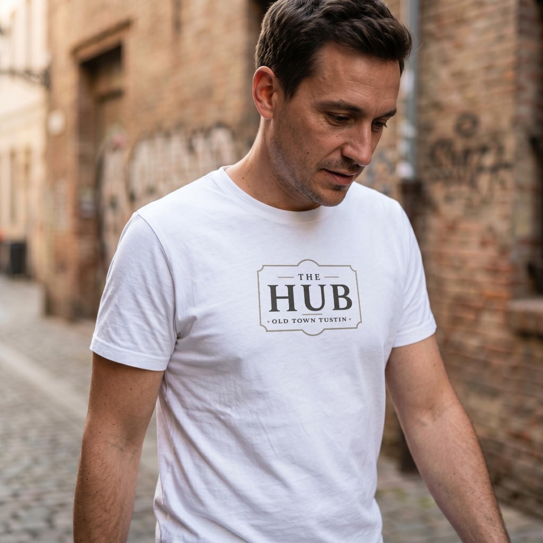 The HUB Old Town Tustin shirt in a neighborhood street scene