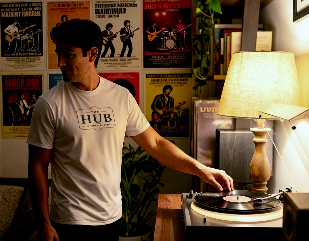 The HUB Old Town Tustin community shirt and vinyl record scene